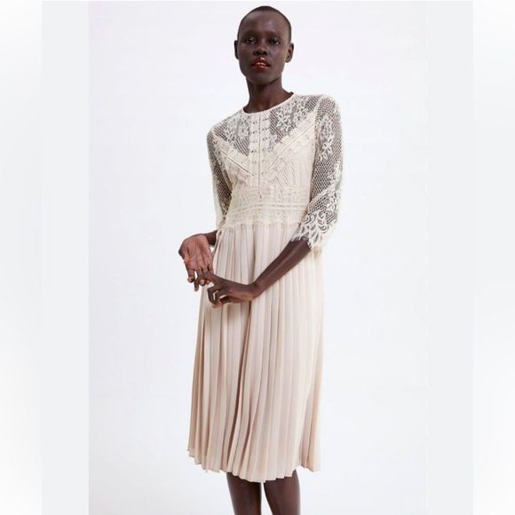 Zara Dresses & Skirts - NWT Zara Pleated And Lace Contrast Dress Nude Blush S Feminine Dainty MIDI